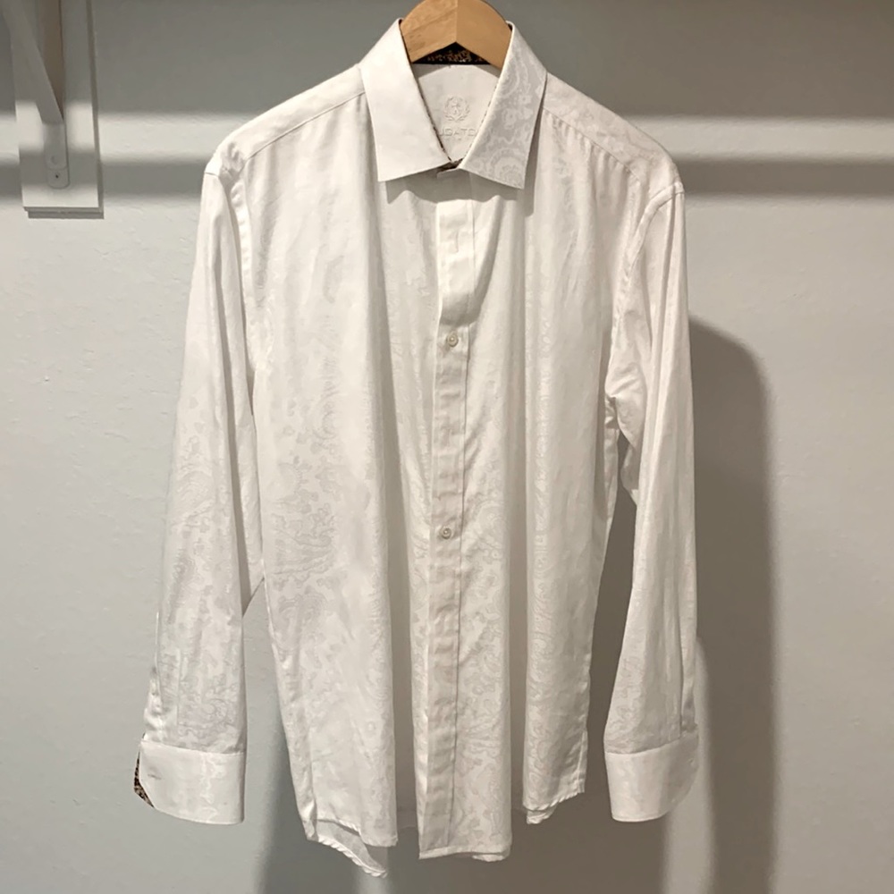 Bugatchi Classic Fit White Paisley Button Down Dress Shirt Size Medium